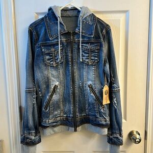 Distressed denim jean jacket w faux hoodie NWT